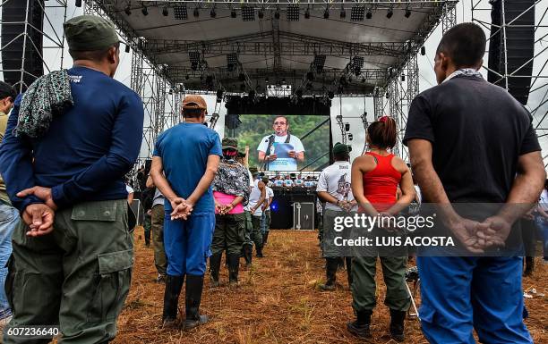 The head of Colombia's Revolutionary Armed Forces of Colombia leftist guerrilla, Timoleon Jimenez, aka "Timochenko", speaks during the opening...