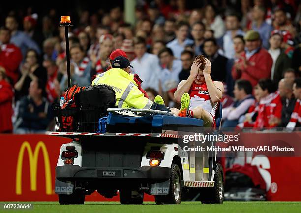 Gary Rohan of the Swans leaves the field on a stretcher during the 2016 AFL First Semi Final match between the Sydney Swans and the Adelaide Crows at...