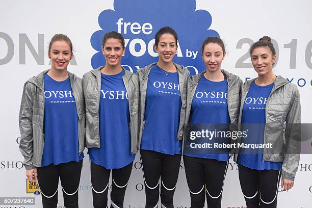 Elena Lopez, Lourdes Mohedano, Alejandra Quereda, Artemi Gavezou and Sandra Aguilar attend the Free Yoga by Oysho event at the Arc de Triomf on...