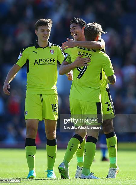 Danny Ward of Rotherham United celebrates with Stephen Kelly after scoring the opening goal during the Sky Bet Championship match between Blackburn...