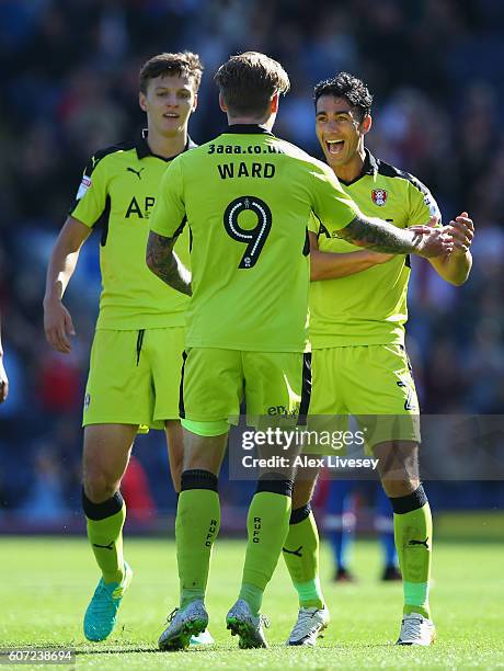 Danny Ward of Rotherham United celebrates with Stephen Kelly after scoring the opening goal during the Sky Bet Championship match between Blackburn...