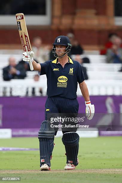 Jonathan Trott of Warwickshire celebrates his 50 runs during the Royal London one-day cup final between Warwickshire and Surrey at Lord's Cricket...