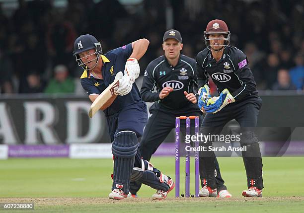 Jonathan Trott of Warwickshire bats as Surrey wicket keeper Ben Foakes and slip fielder Jason Roy look on during the Royal London One-Day Cup Final...