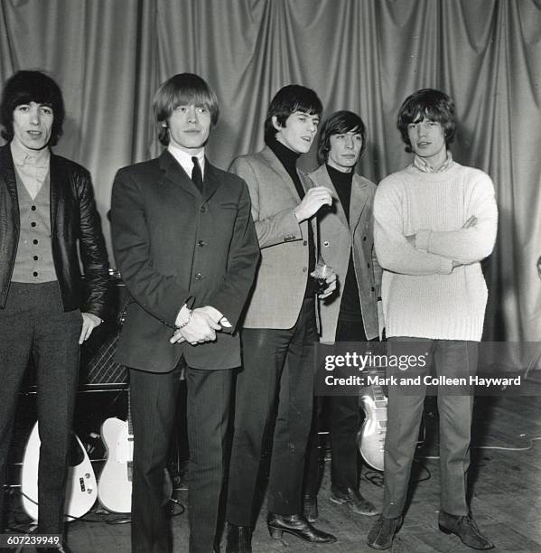 Portrait of British rock group the Rolling Stones, 1964. Pictured are, from left, Bill Wyman, Brian Jones , Keith Richards, Charlie Watts, and Mick...