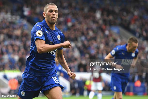 Islam Slimani of LeicesterCity celebrates scoring his sides first goal during the Premier League match between Leicester City and Burnley at The King...