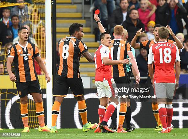 Jake Livermore of Hull City gets sent off during the Premier League match between Hull City and Arsenal at KCOM Stadium on September 17, 2016 in...