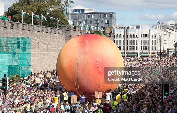 Members of the public gather in front of Cardiff Castle to watch a giant peach being moved through the centre of Cardiff as part of a street...