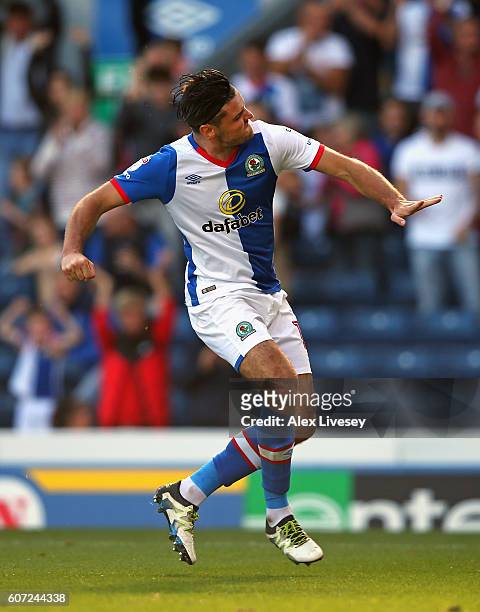 Ben Marshall of Blackburn Rovers celebrates after scoring their third goal during the Sky Bet Championship match between Blackburn Rovers and...