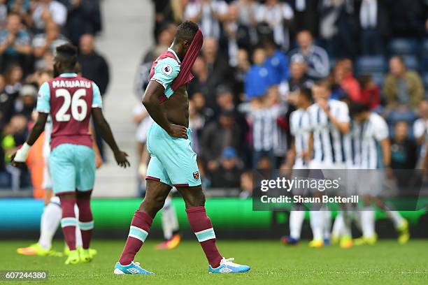 Michail Antonio of West Ham United shows dejection after his side concdede a goal during the Premier League match between West Bromwich Albion and...