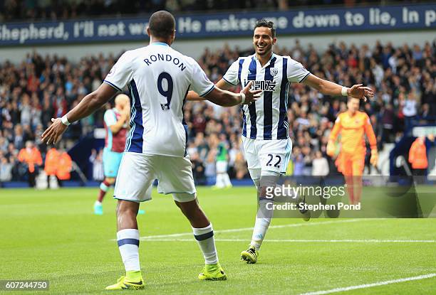 Nacer Chadli of West Bromwich Albion celebrates scoring his sides first goal with Jose Salomon Rondón of West Bromwich Albion during the Premier...