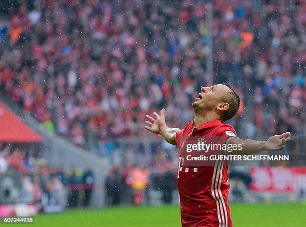 Bayern Munich's Brazilian defender Rafinha celebrates his goal during the German first division Bundesliga football match of Bayern Munich vs FC...