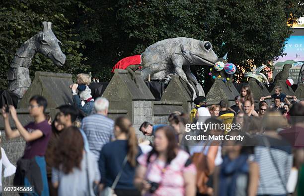 Members of the public interact with models that have been displayed to mark the start of City of the Unexpected, a celebration of the author Roald...