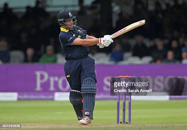 Jonathan Trott of Warwickshire hits out during the Royal London One-Day Cup Final match between Surrey and Warwickshire at Lord's Cricket Ground on...