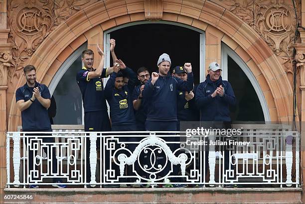 The Warwickshire team celebrate their win over Surrey during the Royal London one-day cup final between Warwickshire and Surrey at Lord's Cricket...