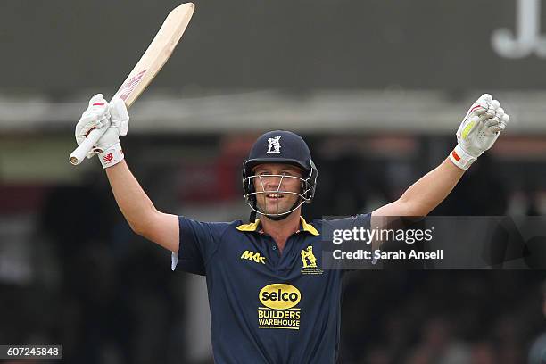Jonathan Trott of Warwickshire celebrates hitting the winning runs during the Royal London One-Day Cup Final match between Surrey and Warwickshire at...
