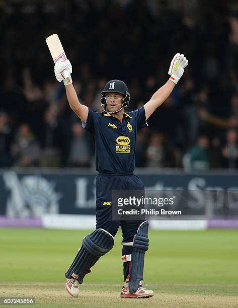 Jonathan Trott of Warwickshire lafter hitting the winning runs in the Royal London one-day cup final cricket match between Warwickshire and Surrey at...