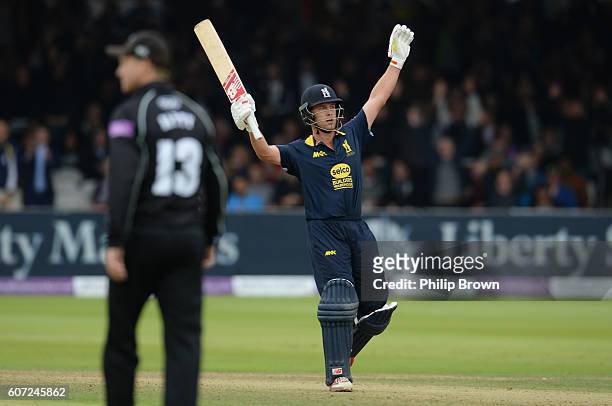Jonathan Trott of Warwickshire after hitting the winning runs in the Royal London one-day cup final cricket match between Warwickshire and Surrey at...