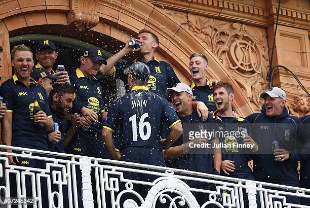 Warwickshire celebrate their win during the Royal London one-day cup final between Warwickshire and Surrey at Lord's Cricket Ground on September 17,...