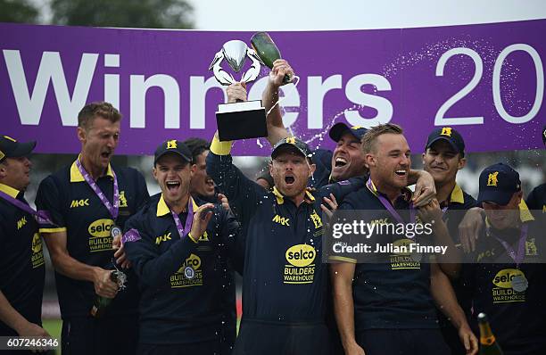 Warwickshire celebrate their win during the Royal London one-day cup final between Warwickshire and Surrey at Lord's Cricket Ground on September 17,...