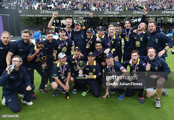 Warwickshire celebrate their win during the Royal London one-day cup final between Warwickshire and Surrey at Lord's Cricket Ground on September 17,...