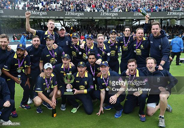 Warwickshire celebrate their win during the Royal London one-day cup final between Warwickshire and Surrey at Lord's Cricket Ground on September 17,...