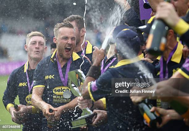 Warwickshire celebrate their win during the Royal London one-day cup final between Warwickshire and Surrey at Lord's Cricket Ground on September 17,...