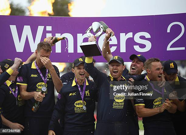 Warwickshire celebrate their win during the Royal London one-day cup final between Warwickshire and Surrey at Lord's Cricket Ground on September 17,...