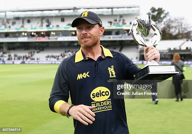 Ian Bell of Warwickshire celebrates their win during the Royal London one-day cup final between Warwickshire and Surrey at Lord's Cricket Ground on...