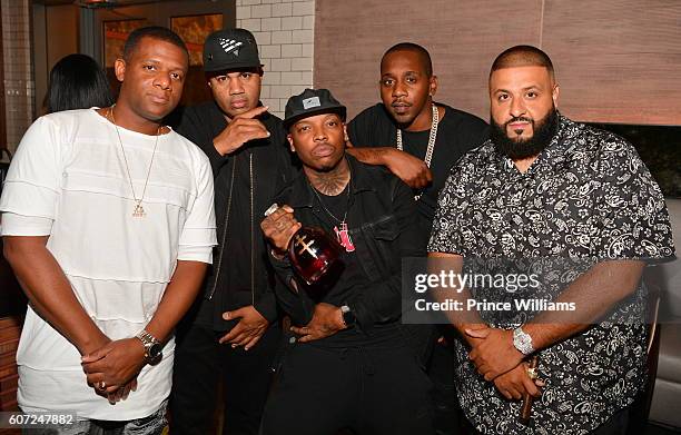 Nasty, Lenny Santiago, Renaldo Nehemiah, Rugs and DJ Khaled attend the D'usse Dinner Series at STK Atlanta on September 16, 2016 in Atlanta, Georgia.