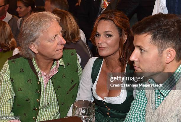 Uli Ferber, Andrea Berg and Andreas Ferber during the opening of the 2016 Oktoberfest beer festival in the Schottenhamel tent at Theresienwiese on...