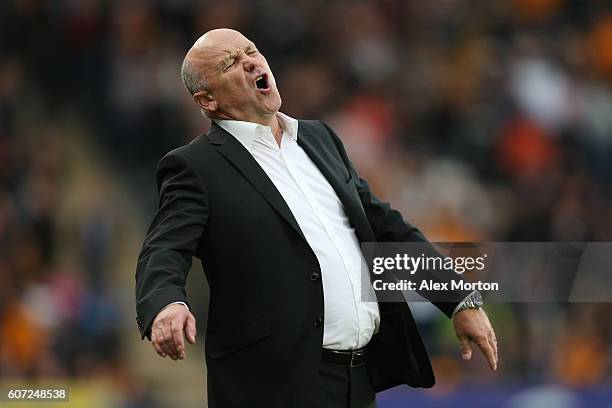 Mike Phelan, caretaker Manager of Hull City reacts during the Premier League match between Hull City and Arsenal at KCOM Stadium on September 17,...