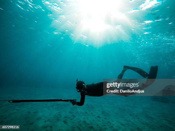 silhouette of a spear fisherman in the blue sea - harpoon stock pictures, royalty-free photos & images