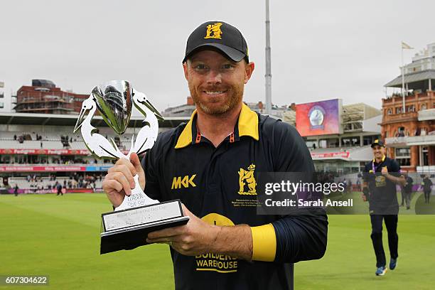 Captain Ian Bell celebrates with the trophy after Warwickshire win the Royal London One-Day Cup Final after beating Surrey at Lord's Cricket Ground...