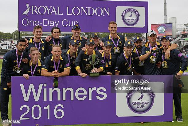 Warwickshire players celebrate winning the Royal London One-Day Cup Final after beating Surrey at Lord's Cricket Ground on September 17, 2016 in...