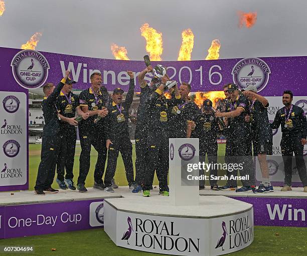 Warwickshire players celebrate winning the Royal London One-Day Cup Final after beating Surrey at Lord's Cricket Ground on September 17, 2016 in...