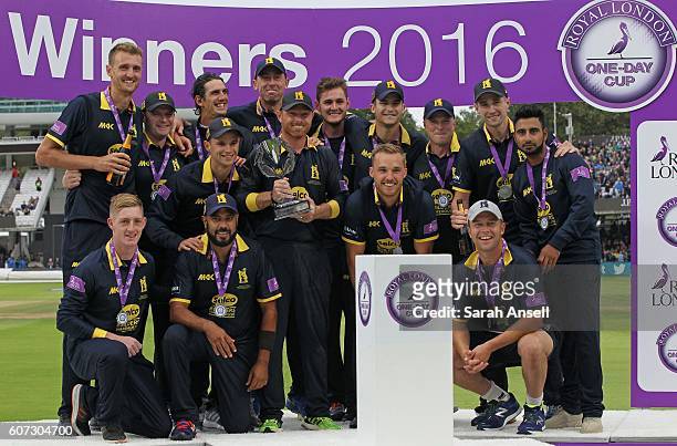 Warwickshire players celebrate winning the Royal London One-Day Cup Final after beating Surrey at Lord's Cricket Ground on September 17, 2016 in...