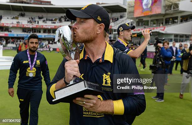 Ian Bell kisses the trophy after Warwickshire won the Royal London one-day cup final cricket match between Warwickshire and Surrey at Lord's cricket...