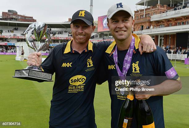 Ian Bell lifts the trophy with Jonathan Trott after Warwickshire won the Royal London one-day cup final cricket match between Warwickshire and Surrey...