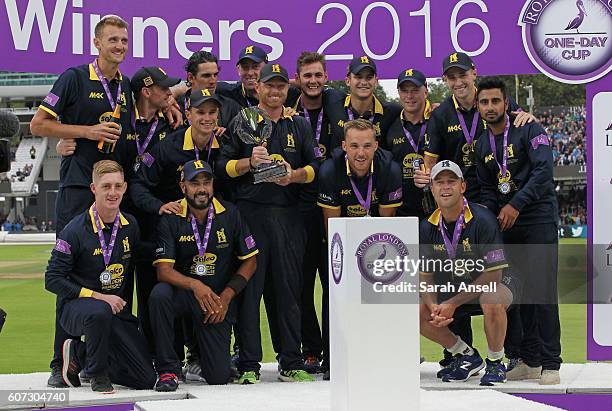 Warwickshire players celebrate winning the Royal London One-Day Cup Final after beating Surrey at Lord's Cricket Ground on September 17, 2016 in...