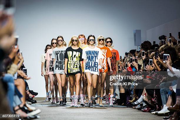 Models walk the runway at the House of Holland show during London Fashion Week Spring/Summer collections 2017 on September 17, 2016 in London, United...