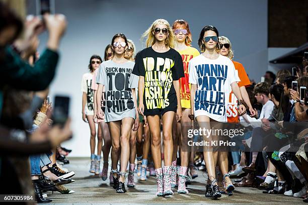 Models walk the runway at the House of Holland show during London Fashion Week Spring/Summer collections 2017 on September 17, 2016 in London, United...