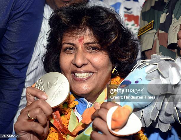 Rio Paralympics silver medallist Deepa Malik arrives at Indira Gandhi International Airport on September 17, 2016 in New Delhi, India. On September...