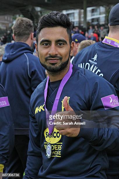 Ateeq Javid of Warwickshire celebrates after winning the Royal London One-Day Cup Final after beating Surrey at Lord's Cricket Ground on September...