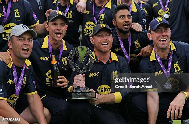 Warwickshire players celebrate winning the Royal London One-Day Cup Final after beating Surrey at Lord's Cricket Ground on September 17, 2016 in...