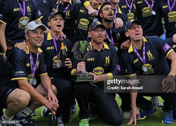 Warwickshire players celebrate winning the Royal London One-Day Cup Final after beating Surrey at Lord's Cricket Ground on September 17, 2016 in...