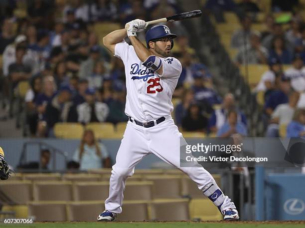 Rob Segedin of the Los Angeles Dodgers bats during the eighth inning of their MLB game against the San Diego Padres at Dodger Stadium on September 2,...