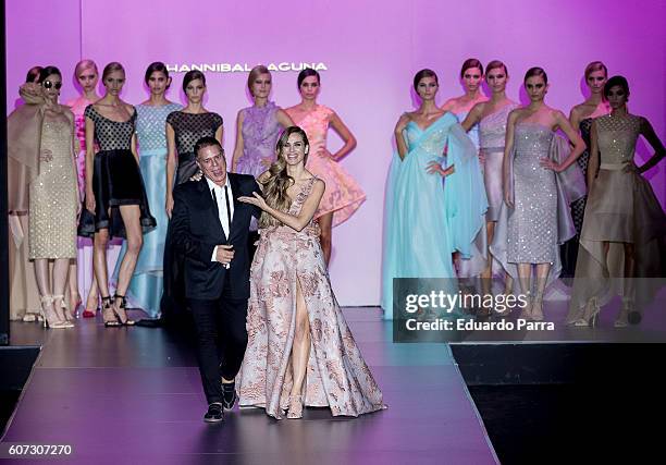 Actress Vanesa Romero and designer Hannibal Laguna showcase designs by Hannibal Laguna on the runway at the Hannibal Laguna show during Mercedes-Benz...