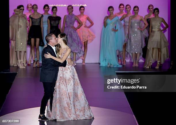 Actress Vanesa Romero and designer Hannibal Laguna showcase designs by Hannibal Laguna on the runway at the Hannibal Laguna show during Mercedes-Benz...