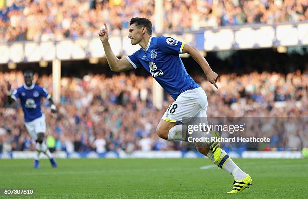 Gareth Barry of Everton scores his sides first goal on his 600th preimer leauge apperance during the Premier League match between Everton and...