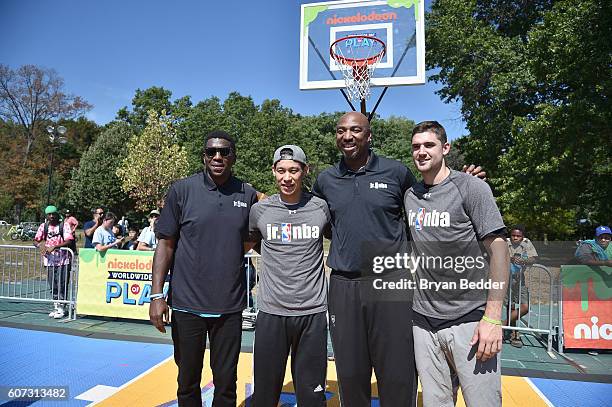 Basketball players Felipe Lopez , Jeremy Lin and Joe Harris attend Nickelodeon's 13th Annual Worldwide Day Of Play at The Nethermead, Prospect Park...